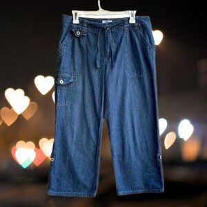 Cato Women's Capri Cargo Jeans Pants Front Tie Roll Cuff Blue Size 12